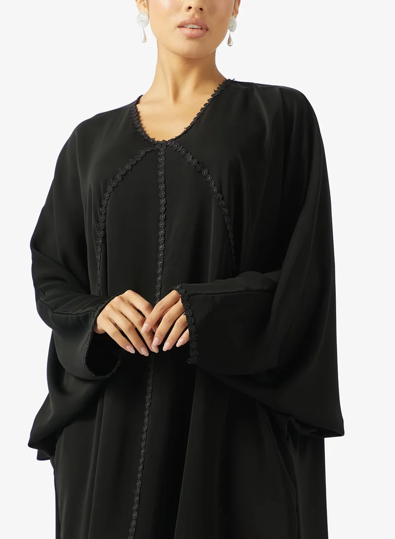 hayas closet  Black Lace Detail Abaya With Sheila for Women | Best Price UAE